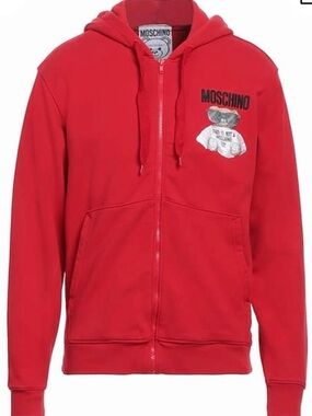 MOSCHINO red hooded zip-up sweatshirt with bear “this is not a toy” embroidery